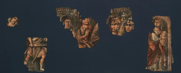 Exodus Painting, viisi elementtiä maalatusta hirttimestä, joka kuvaa..., 2.-4. vuosisadan puoliväli.