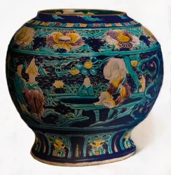 Fahua-purkki harjakattoisella kuviolla, jossa näkyy kahdeksan taolalaista kuolematonta, c1550