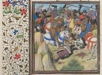 Taistelu kristittyjen ja saraseenien välillä Saladinin johdolla. Vilhelmin Tyroksen pienoismalli Historiasta, 1460-luku
