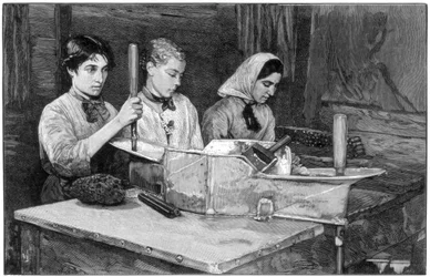 Patruunoiden täyttäminen dynamiittijauheella Isletenissä, lähellä Fluelenia, Sveitsissä, 1893