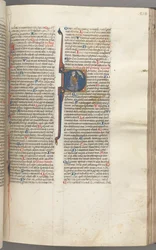 Fol. 218r, Psalmi 26, historiallinen alku D, Daavid polvistui osoittaen silmiinsä, Jumalan rintakuvaa...,