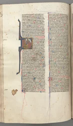Fol. 220v, Psalmi 38, historiallinen alkukirjain D, Daavid polvistui ja viittasi yllä olevalle Jumalan rintakuvalle, n. 1