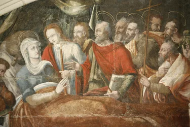 Fontevraultin (Fontevraud) luostarin kapitulitalon maalaus : Thomas Potin maalaama Marian kuolema (yksityiskohta) noin 1563, Fontevraud, Ranska