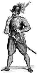Jalkasotilas kantamassa harquebusia, 1590
