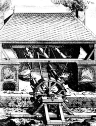 Paljepaja, jota käytetään vesipyörällä kampien läpi, 1673