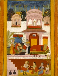 Surullinen nainen palvelijoineen, havainnollistaa musikaalitilaa Patamanjari Ragini, 1695-1700