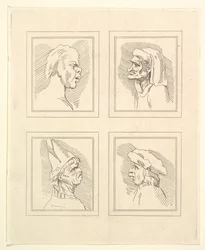 Neljä päätä Leonardo da Vincin Characaturasista, Wincelslaus Hollarin piirustuksista, o..., 1786.