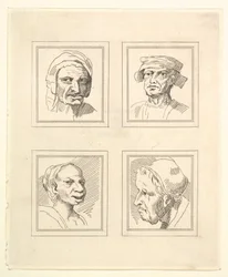 Neljä päätä Leonardo da Vincin Characaturasista, Wincelslaus Hollarin piirustuksista, o..., 1786.