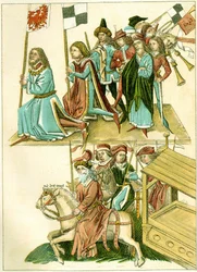 Frederick I saa Brandenburgin kuvituksen kopion Richentalin kuvitetusta kronikasta, n. 1440