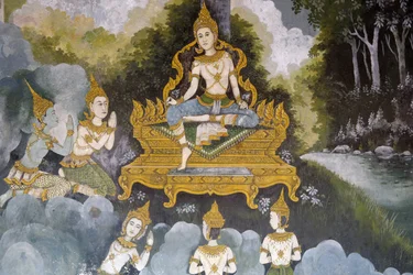 Fresko, joka kuvaa kohtausta Buddhan elämästä Wat Phra Doi Suthepissa Chiang Maissa. Thaimaa