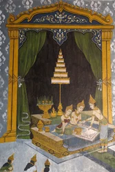 Fresko, joka kuvaa kohtausta Buddhan elämästä Wat Phra Doi Suthepissa Chiang Maissa. Nuori Buddha prinssinä. Thaimaa