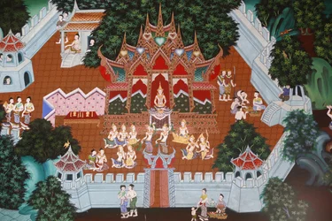 Freskot Wat Ampharamissa, Hua Hinissä, Thaimaassa. Temiya Jataka, joka tunnetaan myös nimellä Muga-Pakkha Jataka, on yksi Buddhan entisistä elämistä.