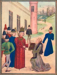 Froissart esittelee rakkausrunokirjansa Richard II:lle vuonna 1395, 1905