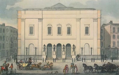Etunäkymä Theatre Royalista, Drury Lane, Westminster, Lontoo, 1812
