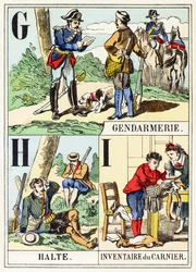 G H I: Gendarmerie, Halte, Inventaire du gamenier - Metsästysaakkoset, n. 1890 (kaiverrus)