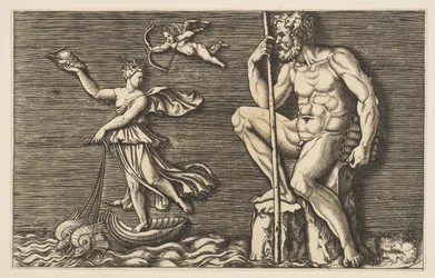 Galatea pakenee Polyphemusta, hän istuu kalliolla kädessään sauva ja piiput ja..., noin. 1515-1600.