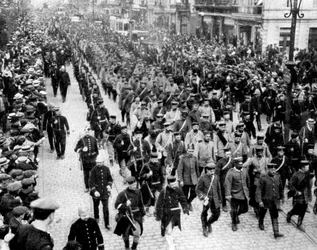 Saksalaiset joukot vankeina Antwerpenissä, Belgiassa, ensimmäinen maailmansota, 1914