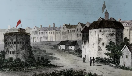 Globe Theatre, Bankside, Southwark right and the Bear Garden, c1597 1825.