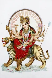 Jumalatar Sherawali (Durga) ratsastaa tiikerillä Rishikesh Intiassa