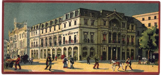 Suuret hotellit: ulkonäkymä Avenida Palacesta Lissabonissa, Portugalissa - Kartta sarjasta, joka esittelee "Compagnie Internationale des Grands Hotelsin" hotelleja, 1800-luvun loppu - 1900-luvun alku