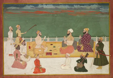 Ryhmämuotokuva Rajasista hoviseurueen ympäröimänä, n. 1700-20.