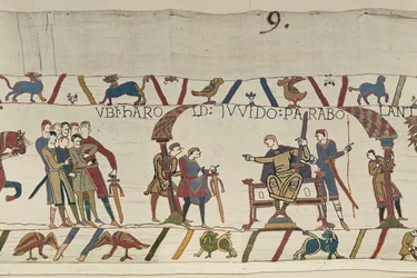 Harold ja Ponthieun kreivi Guy puhuvat yhdessä Beaurainissa, Bayeux Tapestry (villakirjonta pellavalle)