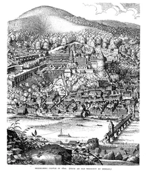 Heidelbergin linna ja kaupunki Neckar-joen toisella puolella Saksassa vuonna 1620