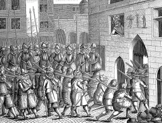 Henrik IV Ranskalainen katsomassa espanjalaisten lähtöä Pariisista, 22. maaliskuuta 1594