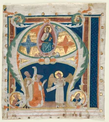 Historioitu alkukirjain A Poistettu asteittaisesta: Kristus Majesteetissa kuningas Daavidin kanssa..., n. 1300-1340.