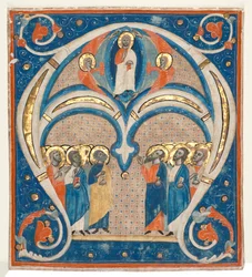 Historioitu alkukirjain A Poistettu vastineesta: Kristus Majesteetissa pyhien kanssa, n. 1280-1300.