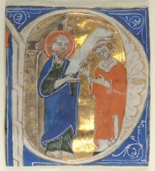 Historioitu alkukirja, joka on poistettu Raamatusta: St. Paul ja pappi, 1200-luku.