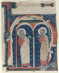 Historioitu alkukirjain H irrotettu antifonaarista: SS. Paavali Erakko ja Anthony, 1200-1230.