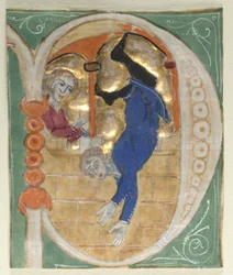 Historioitu alkukirjain P Poistettu Raamatusta, 1200-luku.