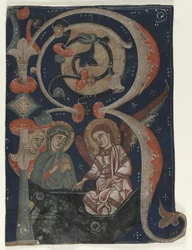 Historioitu alkukirjain R Poistettu asteittaisesta: Kolme Mariaa haudalla, n. 1200-1230.