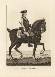 Horse Guard, sotilaspuku, jossa tricorn, musketti