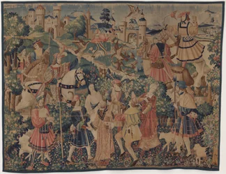 Metsästys ja pastoraalikohtaukset säkkipillin ja tanssijoiden kanssa, n. 1510.