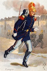 Minä: Palomies. Kaiverrus "Military Alphabet" -kirjaimella. Kuvittajan nimikirjaimet: A. D. Tuntematon kustantaja. Kromolitografiat 1800-luvun lopulla. Mitat: 10,5 x 7 cm.