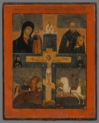 Ikona-Ukrižovanie s kazaňskou bohorodičkou, sv.Mikulášom, sv.Jurajom a Dimitrij