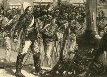 Tapahtuma Intian kapinassa: Lieut. De Kantzow rauhoittaa Sepoysia Mynpooreessa, 1890.