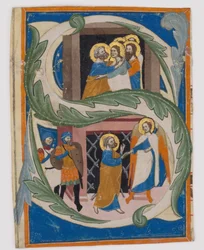 Alkukirjain S ja Saint Peter Vapautunut vankilasta, 1300-luvun ensimmäinen puolisko.