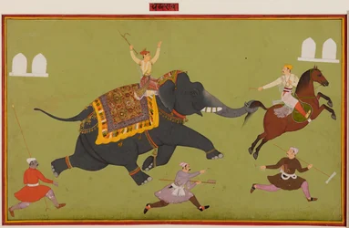 Jai Singhin Pakhrao-norsu riehaantuu ja tarttuu hevosta hännästä, noin 1680.