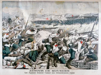 Japanilaiset joukot hyökkäävät Venäjän juoksuhautoja vastaan, Mukden, Manchuria, lokakuu 1904