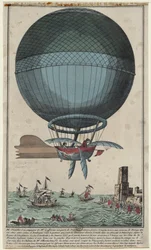 Jean Pierre Blanchard ja John Jefferies saapuvat Calaisiin ylitettyään Englannin kanaalin kuumailmapallolla, 1785