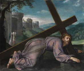 Jeesus lankeaa ristin alle. 1600-luvun pohjoisitalialainen taidemaalari