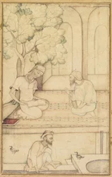 Kabir ja kaksi seuraajaa terassilla recto, Kalligrafia verso, n. 1610-1620.