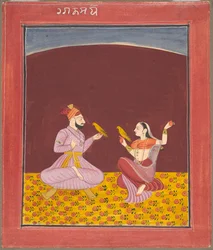 Kamod Raga Dipak Raga -perheestä, sivu Ragamala-sarjasta, n. 1750.