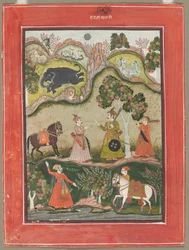 Kanhara Ragini: Song of Inspiration to Krishna killing the Elephant Demon..., c. 1760.