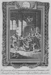 Kuningas Edmund I:n murhaa ryöväri Leolf, n. 1787