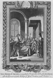 Kuningas Henrik Toinen tarjoilee ensimmäisen annoksen poikansa pöytään, vuodelta 1787