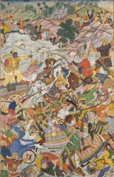 Krishna ja Balarama taistelevat vihollista vastaan, Folio Harivamsasta The Legend of Hari..., 1590-95.